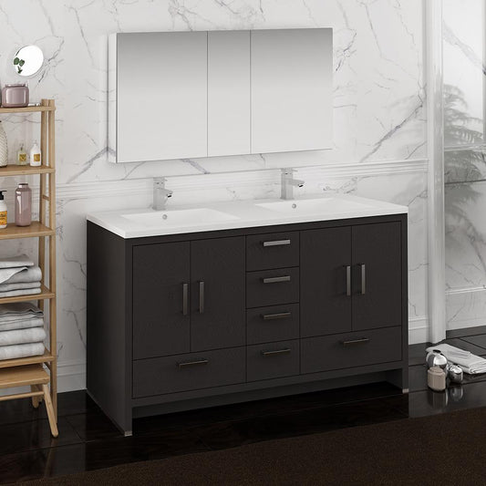 Fresca Imperia 60" Dark Gray Oak Free Standing Double Sink Modern Bathroom Vanity w/ Medicine Cabinet - Luxe Bathroom Vanities