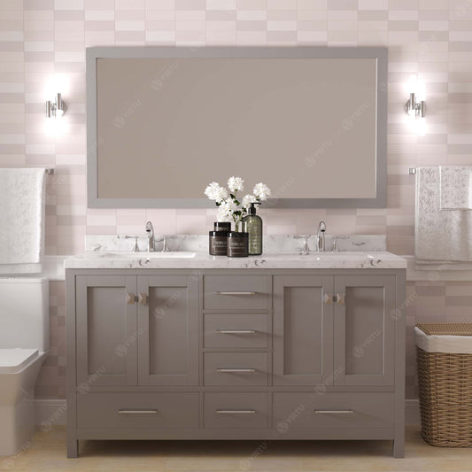 Virtu USA Caroline Avenue 60" Double Bath Vanity with White Quartz Top and Round Sinks with Polished Chrome Faucets with Matching Mirror - Luxe Bathroom Vanities