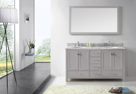 Virtu USA Caroline Avenue 60" Double Bath Vanity with Marble Top and Round Sink with Polished Chrome Faucet and Mirror - Luxe Bathroom Vanities Luxury Bathroom Fixtures Bathroom Furniture