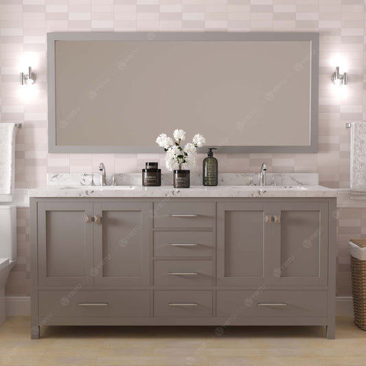 Virtu USA Caroline Avenue 72" Double Bath Vanity with White Quartz Top and Round Sinks with Polished Chrome Faucets with Matching Mirror - Luxe Bathroom Vanities