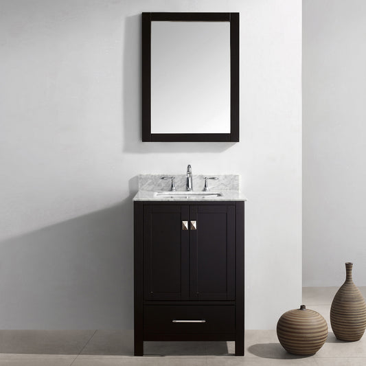 Virtu USA Caroline Avenue 24" Single Bath Vanity with Marble Top and Square Sink with Polished Chrome Faucet and Mirror - Luxe Bathroom Vanities