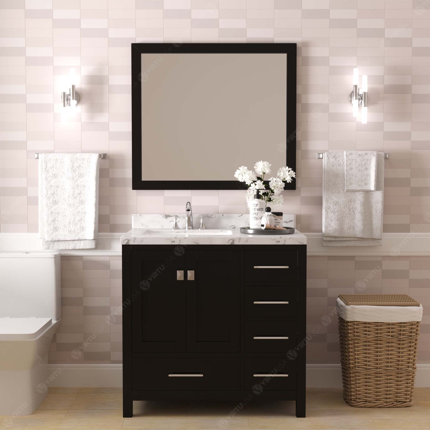 Virtu USA Caroline Avenue 36" Single Bath Vanity with White Quartz Top and Round Sink with Polished Chrome Faucet with Matching Mirror - Luxe Bathroom Vanities