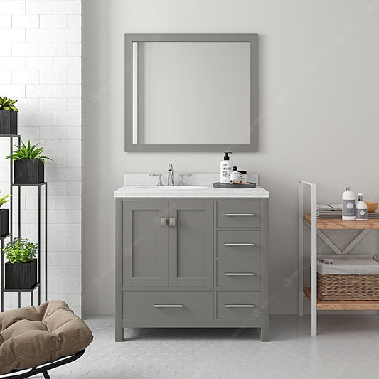 Virtu USA Caroline Avenue 36" Single Bath Vanity with Dazzle White Top and Round Sink with Brushed Nickel Faucet and Mirror - Luxe Bathroom Vanities