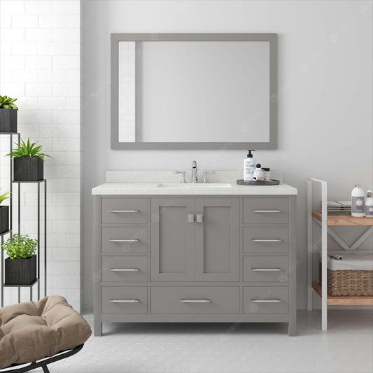 Virtu USA Caroline Avenue 48" Single Bath Vanity in White with White Quartz Top and Round Sink with Polished Chrome Faucet with Matching Mirror - Luxe Bathroom Vanities