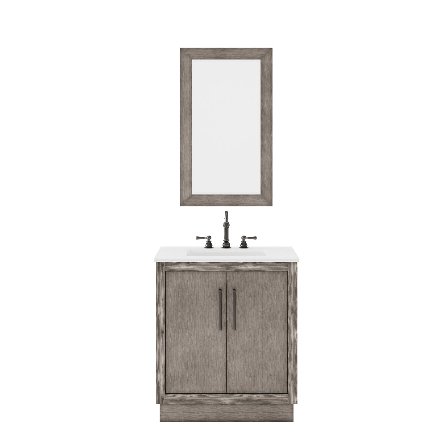 Water Creation Hugo Single Sink Carrara White Marble Countertop Vanity in Grey Oak with Hook Faucet and Mirror - Luxe Bathroom Vanities
