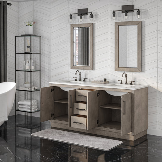 Water Creation Hugo 72" In. Double Sink Carrara White Marble Countertop Vanity in Grey Oak - Luxe Bathroom Vanities