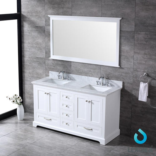 Dukes 60" Double Vanity, White Carrara Marble Top, White Square Sinks and 58" Mirror - Luxe Bathroom Vanities Luxury Bathroom Fixtures Bathroom Furniture