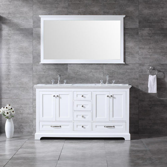 Lexora Dukes 60" Double Vanity, White Carrara Marble Top, White Square Sinks and 58" Mirror w/ Faucets - Luxe Bathroom Vanities