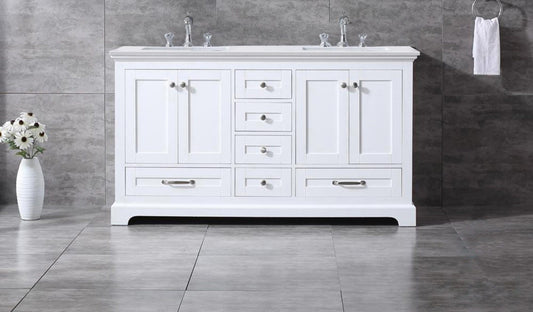 Lexora Dukes 60" Double Vanity, White Quartz Top, White Square Sinks and no Mirror - Luxe Bathroom Vanities