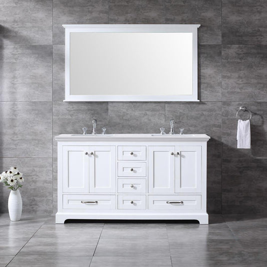 Lexora Dukes 60" Double Vanity, White Quartz Top, White Square Sinks and 58" Mirror w/ Faucets - Luxe Bathroom Vanities
