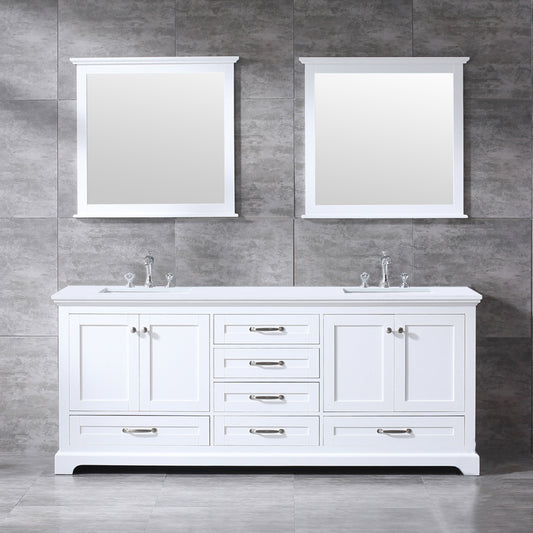 Lexora Dukes 80" Double Vanity, White Quartz Top, White Square Sinks and 30" Mirrors - Luxe Bathroom Vanities