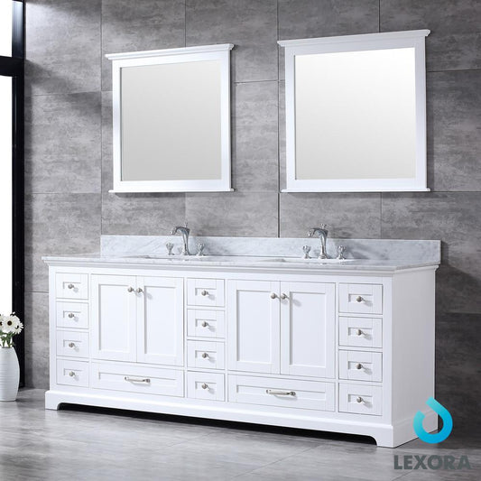 Dukes 84" Double Vanity, White Carrara Marble Top, White Square Sinks and 34" Mirrors - Luxe Bathroom Vanities Luxury Bathroom Fixtures Bathroom Furniture