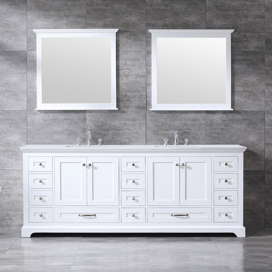 Lexora Dukes 84" Double Vanity, White Quartz Top, White Square Sinks and 34" Mirrors - Luxe Bathroom Vanities