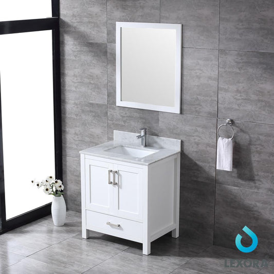 Jacques 30" Single Vanity, White Carrara Marble Top, White Square Sink and 28" Mirror - Luxe Bathroom Vanities Luxury Bathroom Fixtures Bathroom Furniture