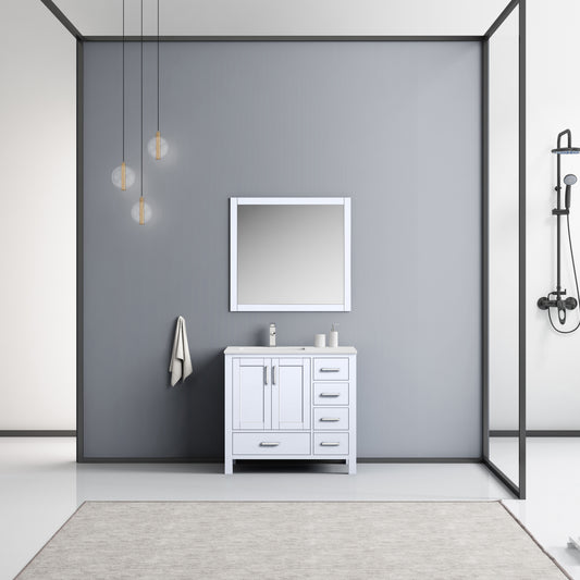 Lexora Jacques 36" Single Vanity, White Quartz Top, White Square Sink and 34" Mirror w/ Faucet - Left Version - Luxe Bathroom Vanities