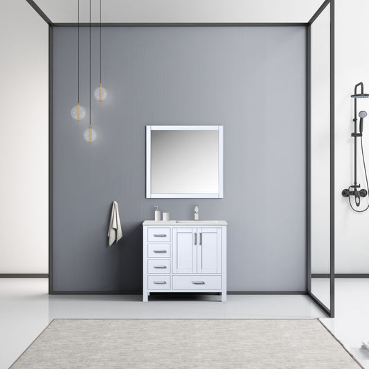 Lexora Jacques 36" Single Vanity, White Quartz Top, White Square Sink and 34" Mirror w/ Faucet - Right Version - Luxe Bathroom Vanities