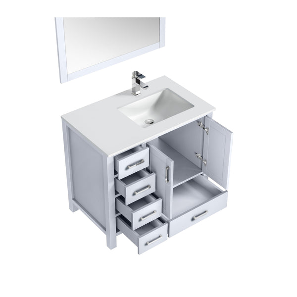 Lexora Jacques 36" Single Vanity, White Quartz Top, White Square Sink and 34" Mirror w/ Faucet - Right Version - Luxe Bathroom Vanities