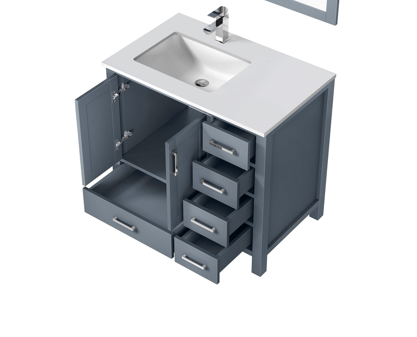 Lexora Jacques 36" Single Vanity, White Quartz Top, White Square Sink and no Mirror - Left Version - Luxe Bathroom Vanities