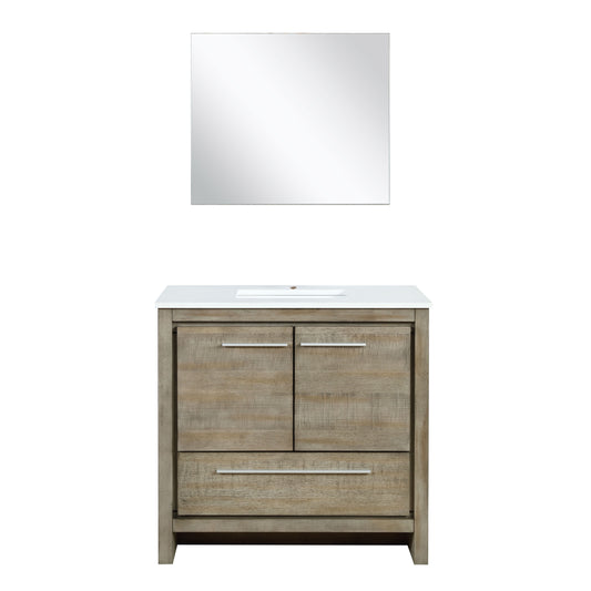 Lexora Lafarre 36" Rustic Acacia Bathroom Vanity, White Quartz Top, White Square Sink, and 28" Frameless Mirror - Luxe Bathroom Vanities