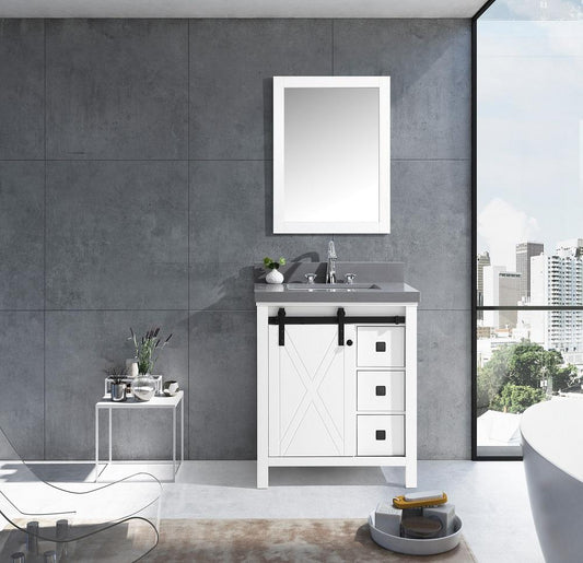 Marsyas Veluti 30" White Single Vanity, Grey Quartz Top, White Square Sink and 28" Mirror - Luxe Bathroom Vanities Luxury Bathroom Fixtures Bathroom Furniture
