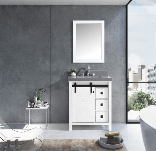 Lexora Marsyas Veluti 30" Single Vanity, Grey Quartz Top, White Square Sink and 28" Mirror w/ Faucet - Luxe Bathroom Vanities