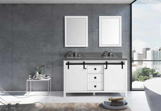 Lexora Marsyas Veluti 60" Double Vanity, Grey Quartz Top, White Square Sinks and 24" Mirrors w/ Faucets - Luxe Bathroom Vanities