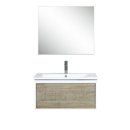 Lexora Scopi 30" Rustic Acacia Bathroom Vanity, Acrylic Composite Top with Integrated Sink, Faucet Set, and 28" Frameless Mirror - Luxe Bathroom Vanities