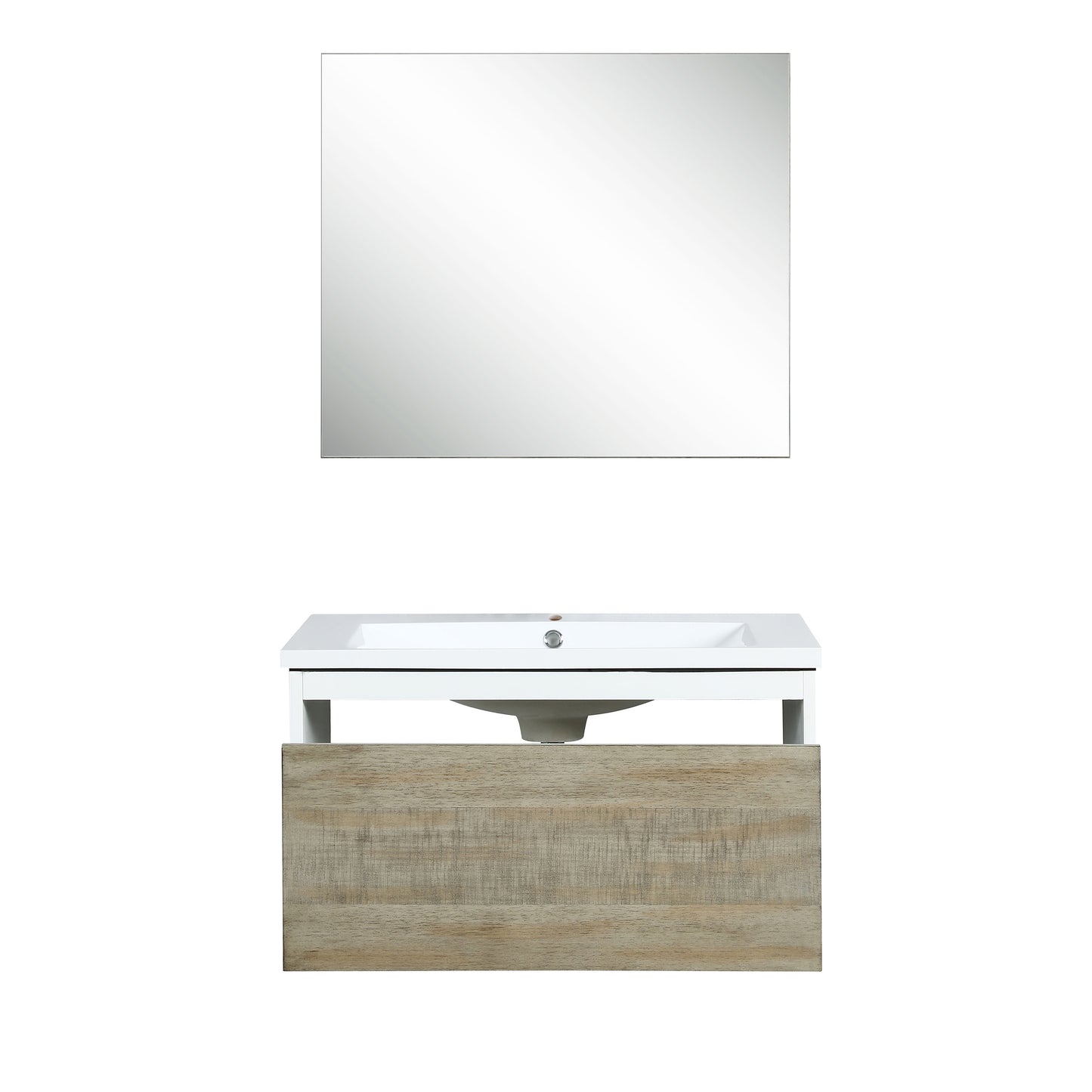 Lexora Scopi 30" Rustic Acacia Bathroom Vanity, Acrylic Composite Top with Integrated Sink, and 28" Frameless Mirror - Luxe Bathroom Vanities