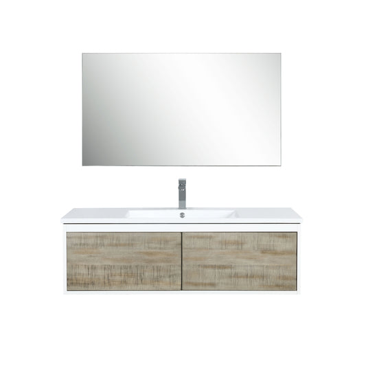 Lexora Scopi 48" Rustic Acacia Bathroom Vanity, Acrylic Composite Top with Integrated Sink, Faucet Set, and 43" Frameless Mirror - Luxe Bathroom Vanities