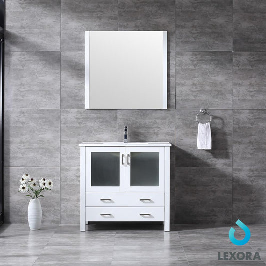 Volez 36" Single Vanity, Integrated Top, White Integrated Square Sink and 34" Mirror - Luxe Bathroom Vanities Luxury Bathroom Fixtures Bathroom Furniture