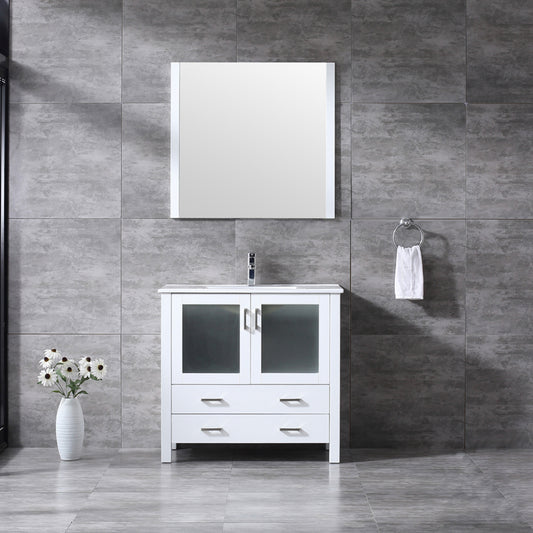 Lexora Volez 36" Single Vanity, Integrated Top, White Integrated Square Sink and 34" Mirror w/ Faucet - Luxe Bathroom Vanities