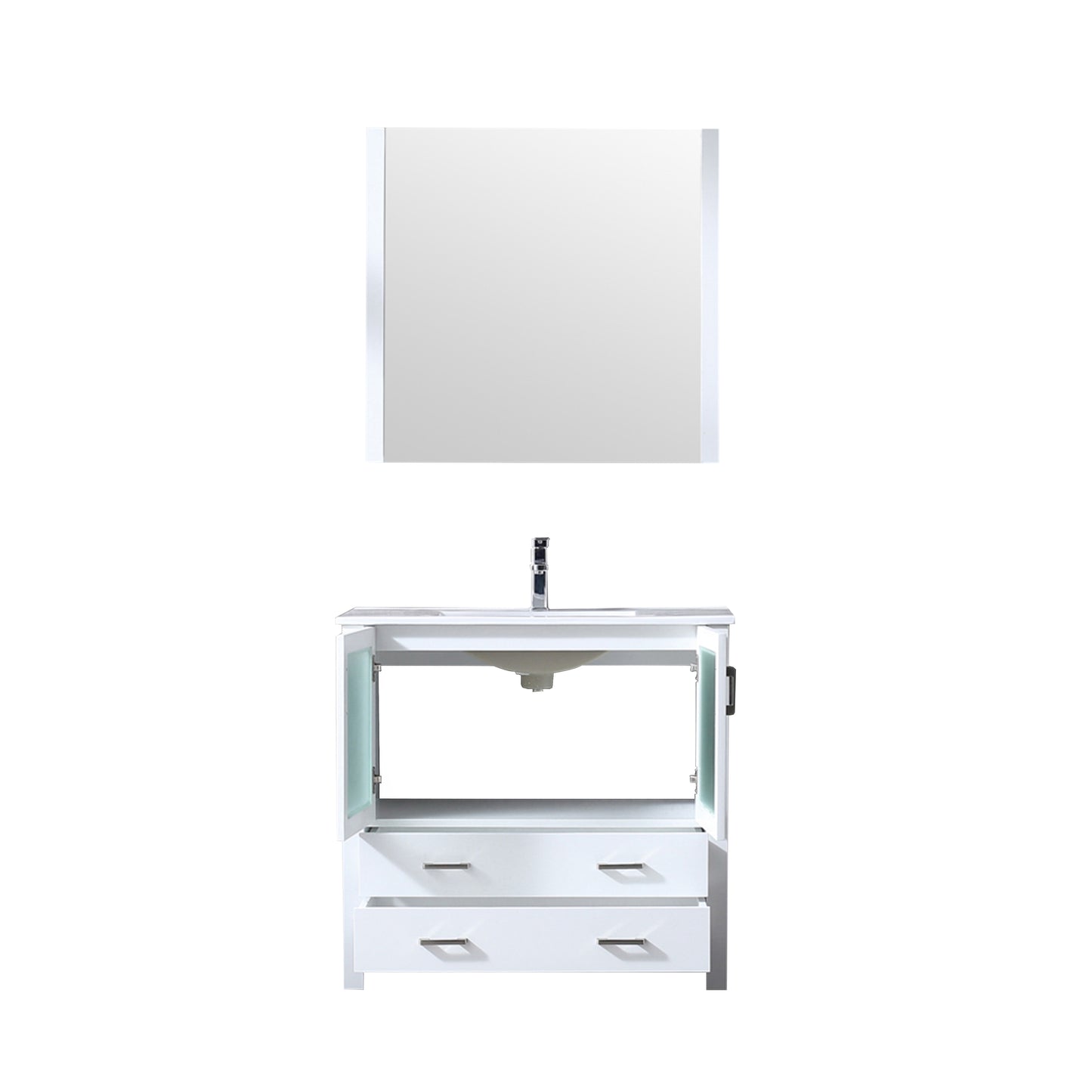 Lexora Volez 36" Single Vanity, Integrated Top, White Integrated Square Sink and 34" Mirror w/ Faucet - Luxe Bathroom Vanities