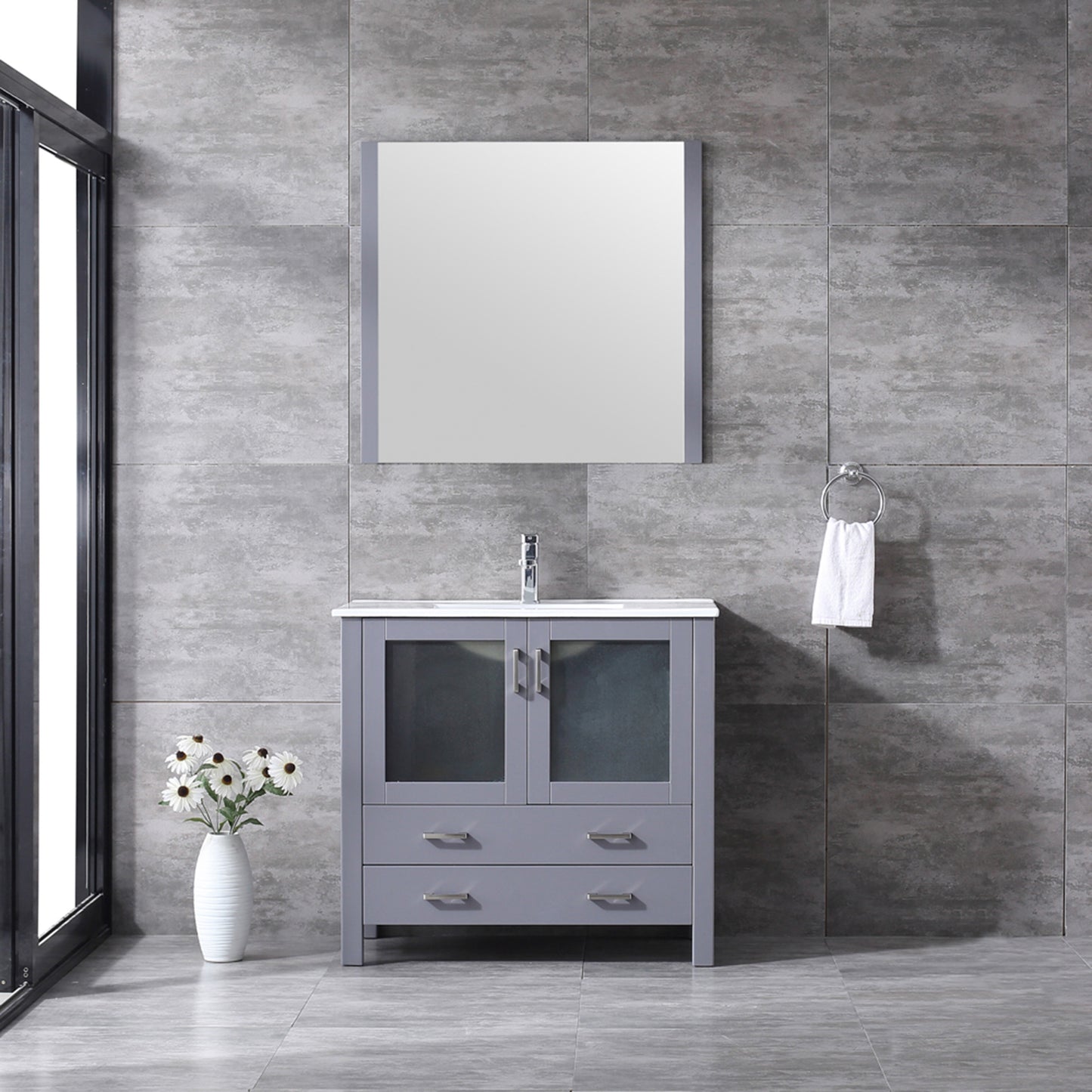 Lexora Volez 36" Single Vanity, Integrated Top, White Integrated Square Sink and 34" Mirror w/ Faucet - Luxe Bathroom Vanities