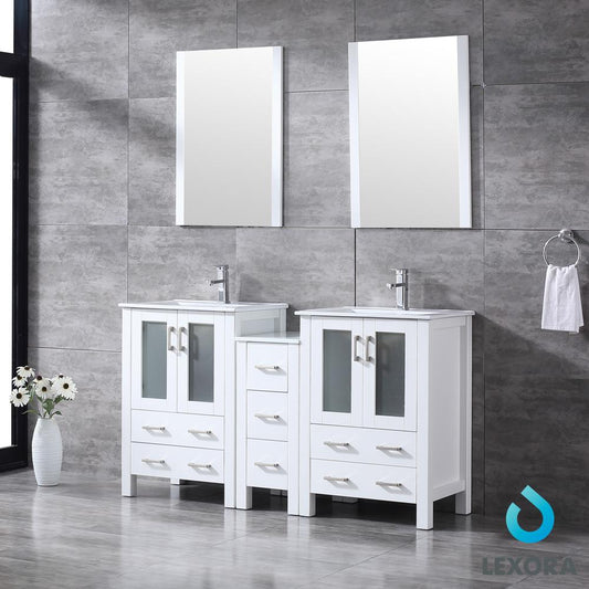 Volez 60" White Double Vanity w/ Side Cabinet, Integrated Top, White Integrated Square Sink and 22" Mirrors - Luxe Bathroom Vanities Luxury Bathroom Fixtures Bathroom Furniture