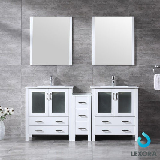 Volez 72" White Double Vanity w/ Side Cabinet, Integrated Top, White Integrated Square Sink and 28" Mirrors - Luxe Bathroom Vanities Luxury Bathroom Fixtures Bathroom Furniture