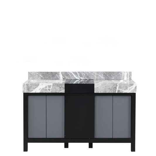 Lexora Zilara 55" Black and Grey Double Vanity, Castle Grey Marble Tops, and White Square Sinks - Luxe Bathroom Vanities