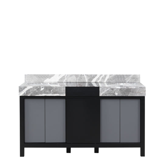 Lexora Zilara 60" Black and Grey Double Vanity, Castle Grey Marble Tops, and White Square Sinks - Luxe Bathroom Vanities