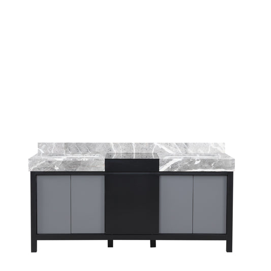 Lexora Zilara 72" Black and Grey Double Vanity, Castle Grey Marble Tops, and White Square Sinks - Luxe Bathroom Vanities