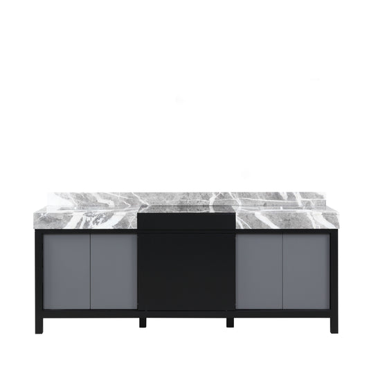 Lexora Zilara 84" Black and Grey Double Vanity, Castle Grey Marble Tops, and White Square Sinks - Luxe Bathroom Vanities