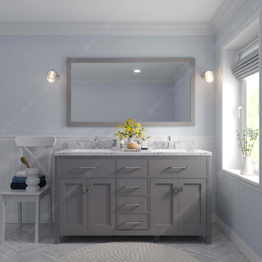 Virtu USA Caroline 60" Double Bath Vanity in Cashmere Gray with White Quartz Top and Round Sinks with Brushed Nickel Faucets with Matching Mirror - Luxe Bathroom Vanities