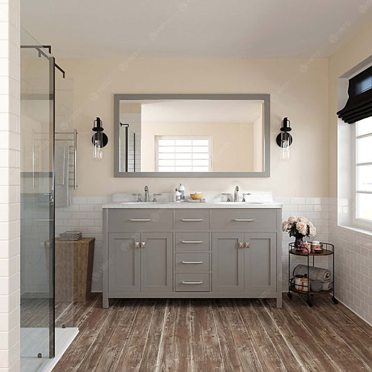 Virtu USA Caroline 60" Double Bath Vanity with Dazzle White Top and Round Sink with Polished Chrome Faucet and Mirror - Luxe Bathroom Vanities