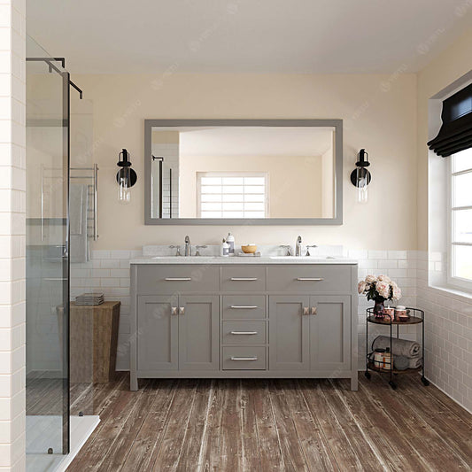 Virtu USA Caroline 60" Double Bath Vanity with Dazzle White Top and Square Sink with Polished Chrome Faucet and Mirror - Luxe Bathroom Vanities Luxury Bathroom Fixtures Bathroom Furniture