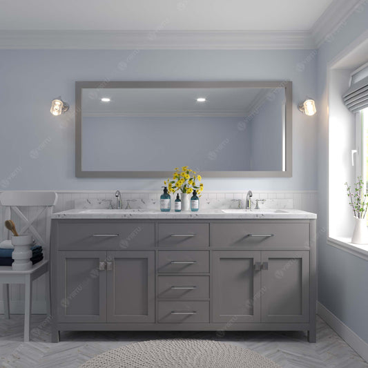 Virtu USA Caroline 72" Double Bath Vanity in Cashmere Gray with White Quartz Top and Square Sinks with Polished Chrome Faucets with Matching Mirror - Luxe Bathroom Vanities