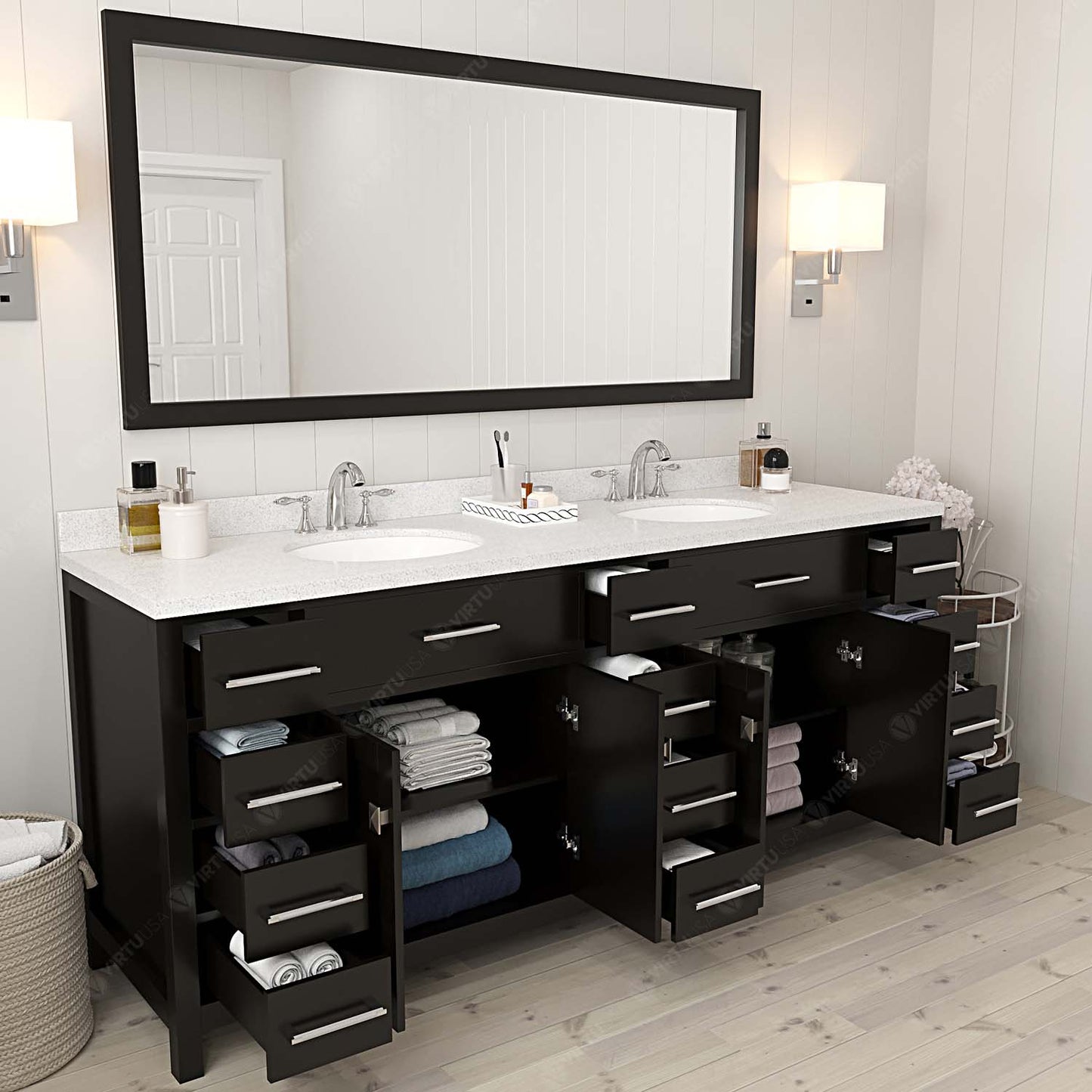 Virtu USA Caroline Parkway 78" Double Bath Vanity in Espresso with Dazzle White Top and Round Sink with Mirror - Luxe Bathroom Vanities Luxury Bathroom Fixtures Bathroom Furniture