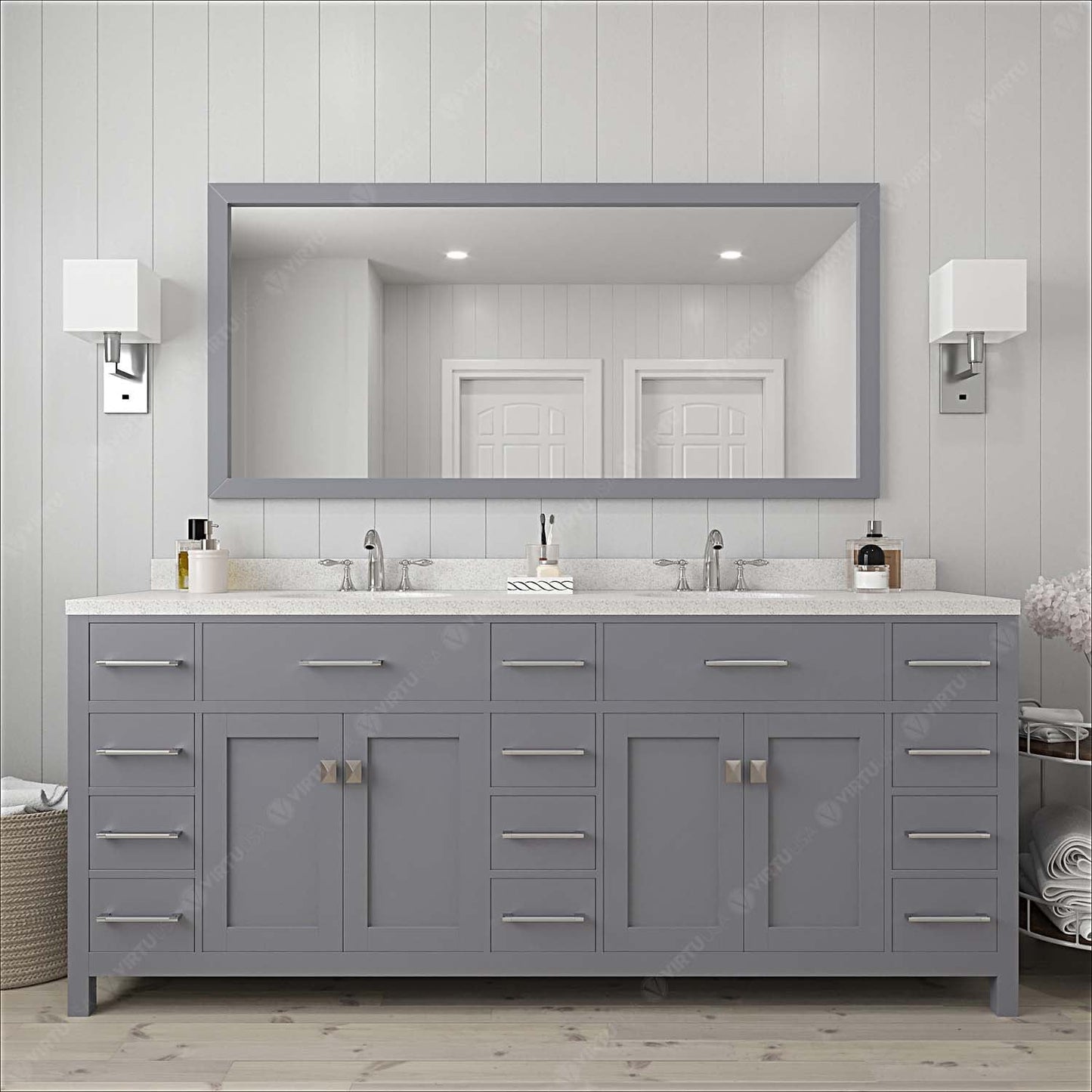 Virtu USA Caroline Parkway 78" Double Bath Vanity with Dazzle White Top and Round Sink with Mirror - Luxe Bathroom Vanities