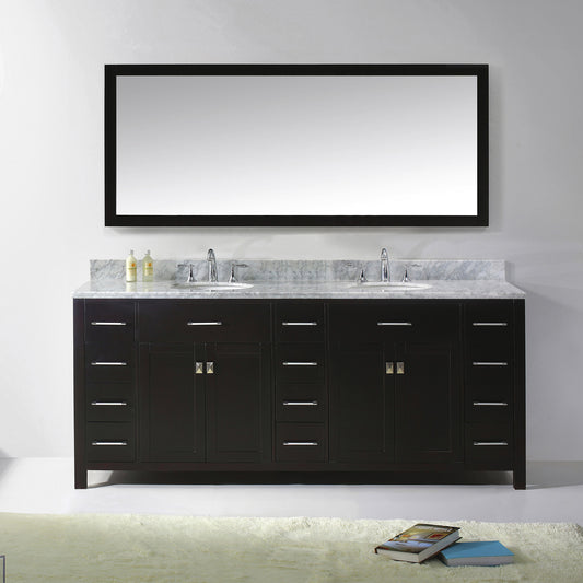 Virtu USA Caroline Parkway 78" Double Bath Vanity in Espresso with Marble Top and Round Sink with Brushed Nickel Faucet and Mirror - Luxe Bathroom Vanities