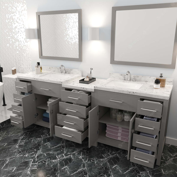 Virtu USA Caroline Parkway 93" Double Bath Vanity with White Quartz Top and Square Sinks with Matching Mirror - Luxe Bathroom Vanities