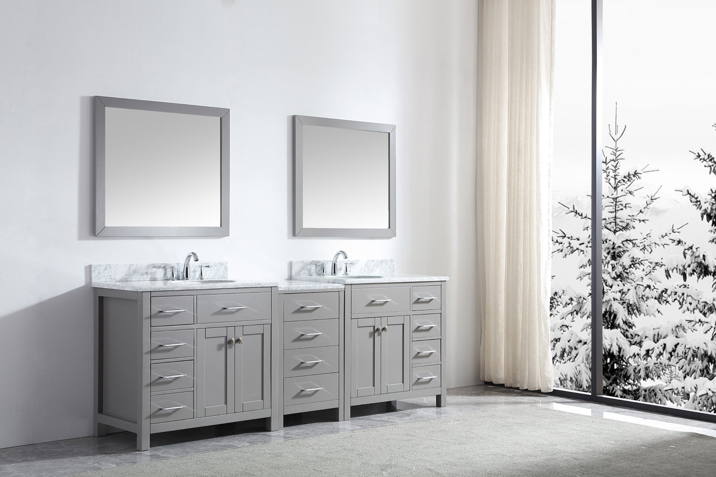 Virtu USA Caroline Parkway 93" Double Bath Vanity in Cashmere Grey with Marble Top and Round Sink with Polished Chrome Faucet and Mirrors - Luxe Bathroom Vanities Luxury Bathroom Fixtures Bathroom Furniture