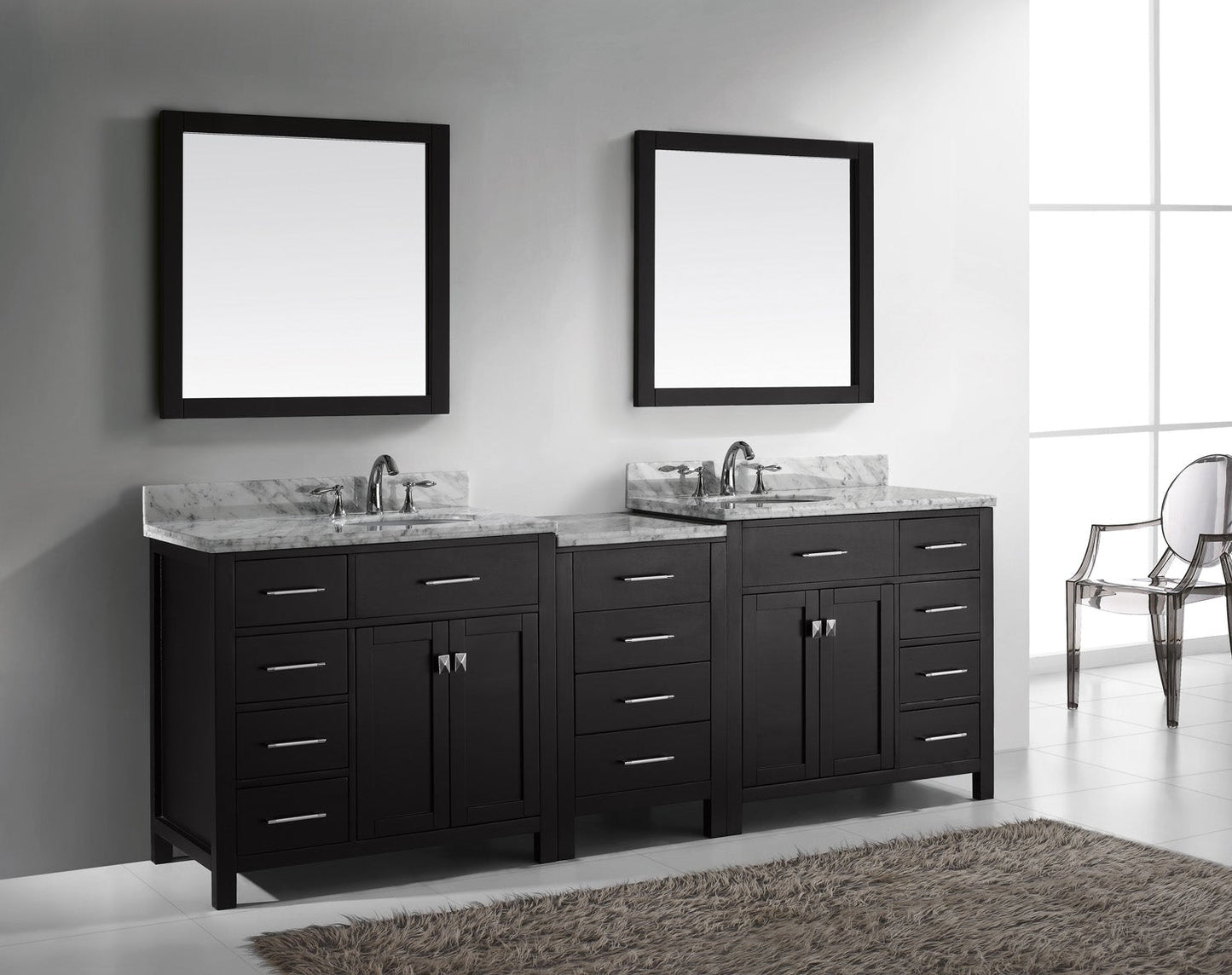 Virtu USA Caroline Parkway 93" Double Bath Vanity with Marble Top and Round Sink with Polished Chrome Faucet and Mirrors - Luxe Bathroom Vanities