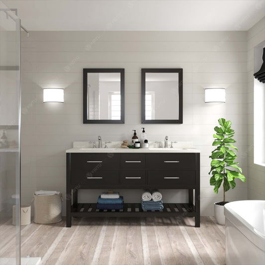 Virtu USA Caroline Estate 60" Double Bath Vanity with Dazzle White Top and Round Sinks with Polished Chrome Faucets with Matching Mirrors - Luxe Bathroom Vanities